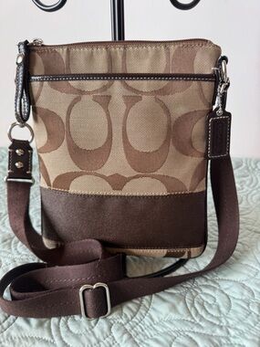 Coach Brown Signature Canvas Crossbody with Dark Brown Leather Trim